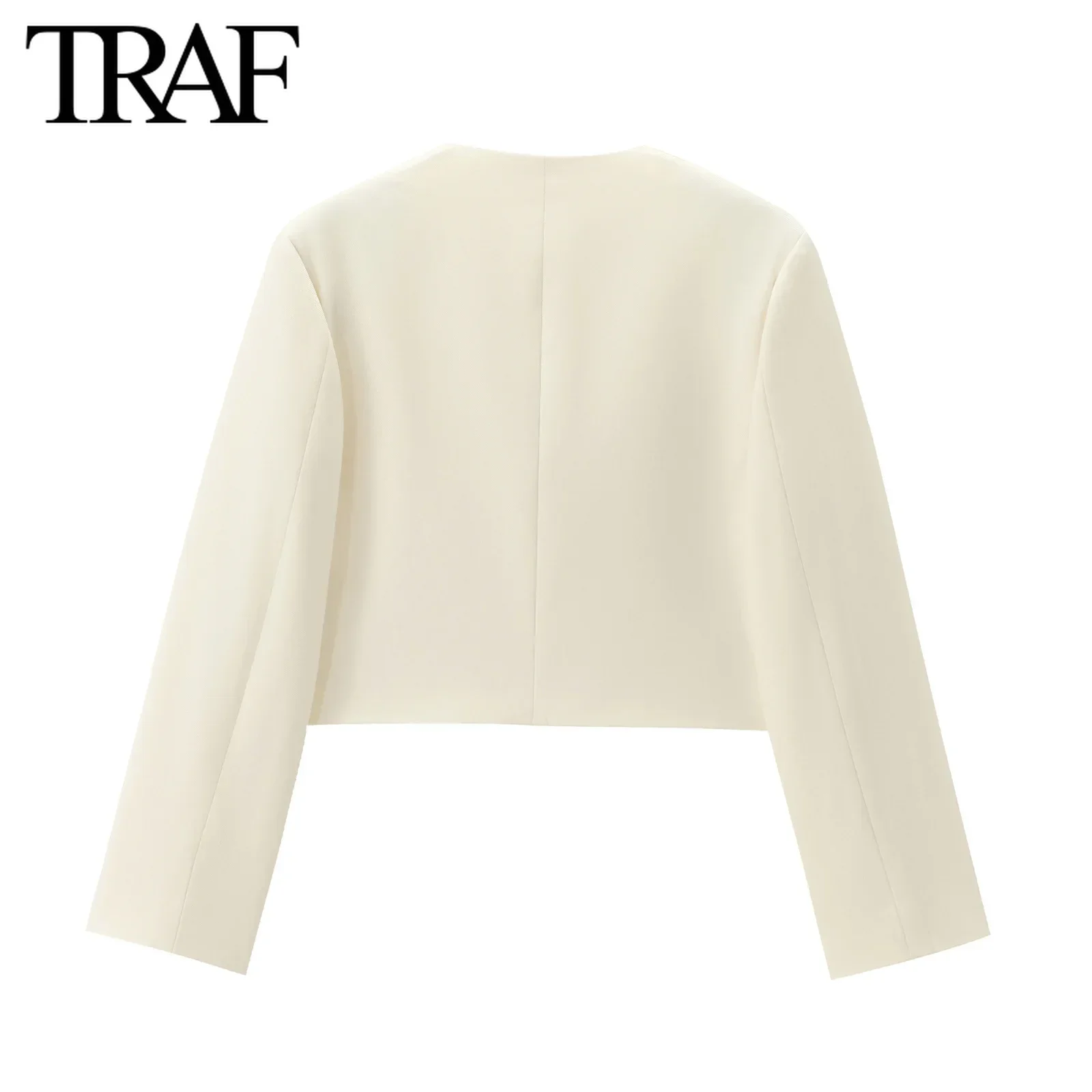 TRAF Women Fashion Autumn New Casual Jacket Round Neck Long Sleeved Single-breasted Pocket Short Coats Chic Ladies Tops Mujer