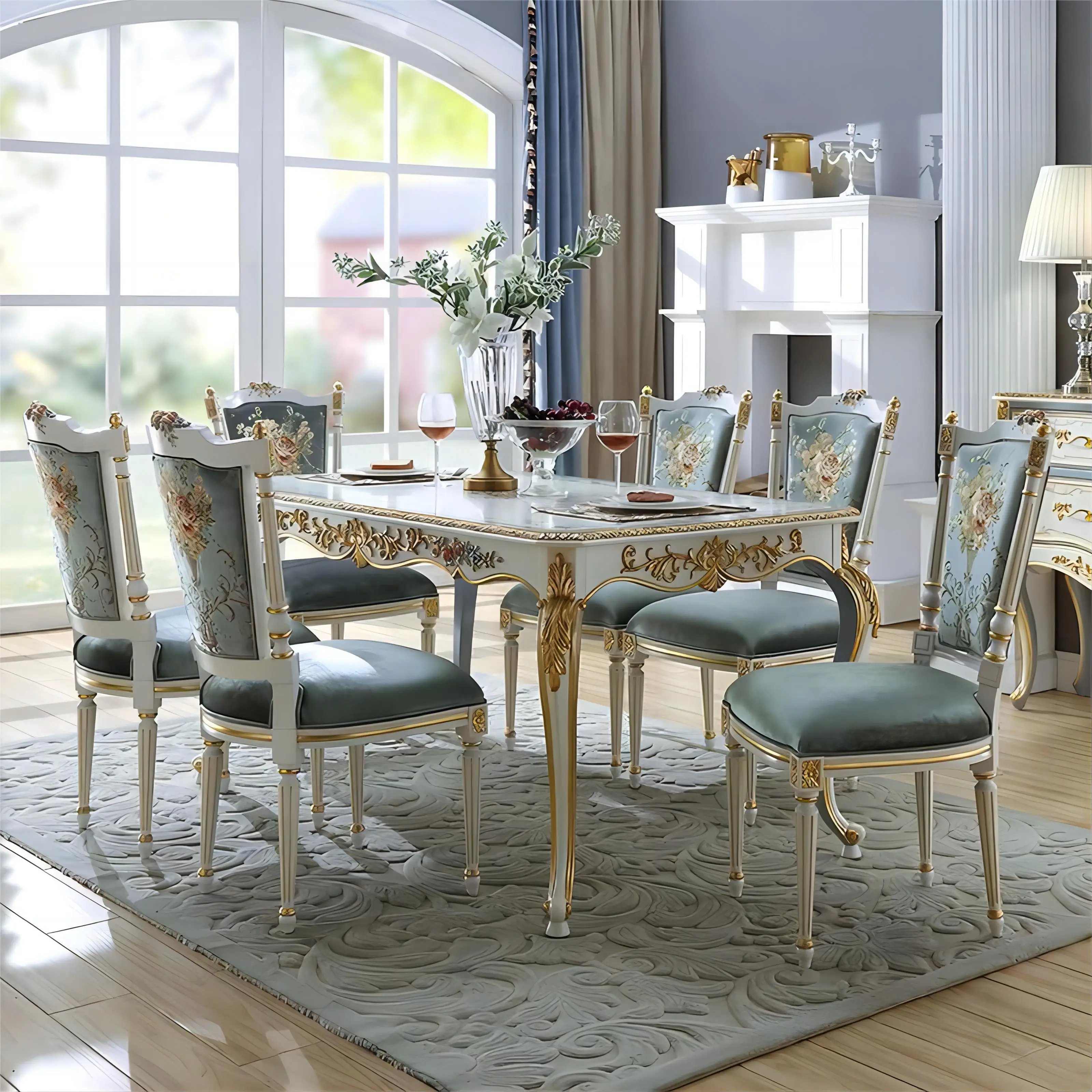 

Solid wood carving dining table and chair combination French romantic hand drawn flower painting gold foil dining table