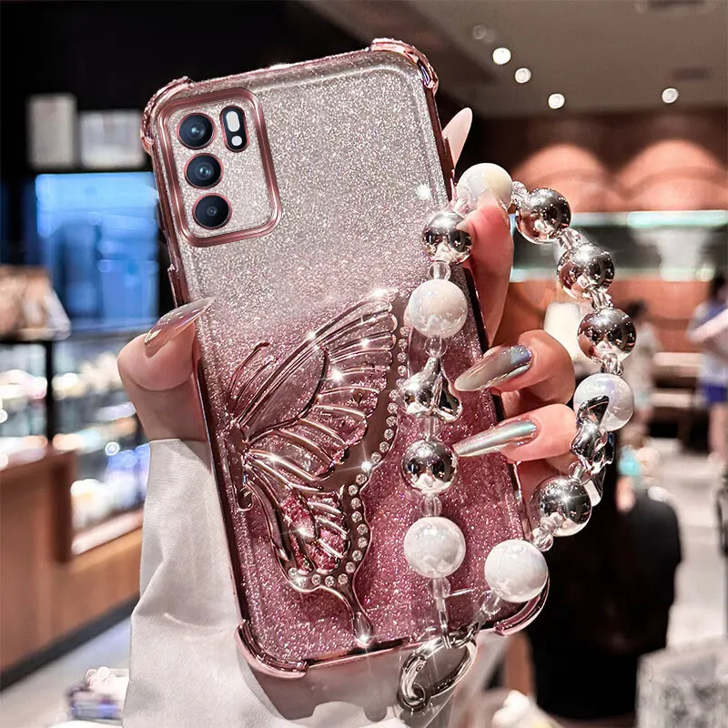 

New Cases For Oppo Reno6 Reno7 Reno5 Reno4 Reno2 Pro Lite SE F K Z Glitter Quicksand Butterfly Bracelet Shockproof Holder Cover