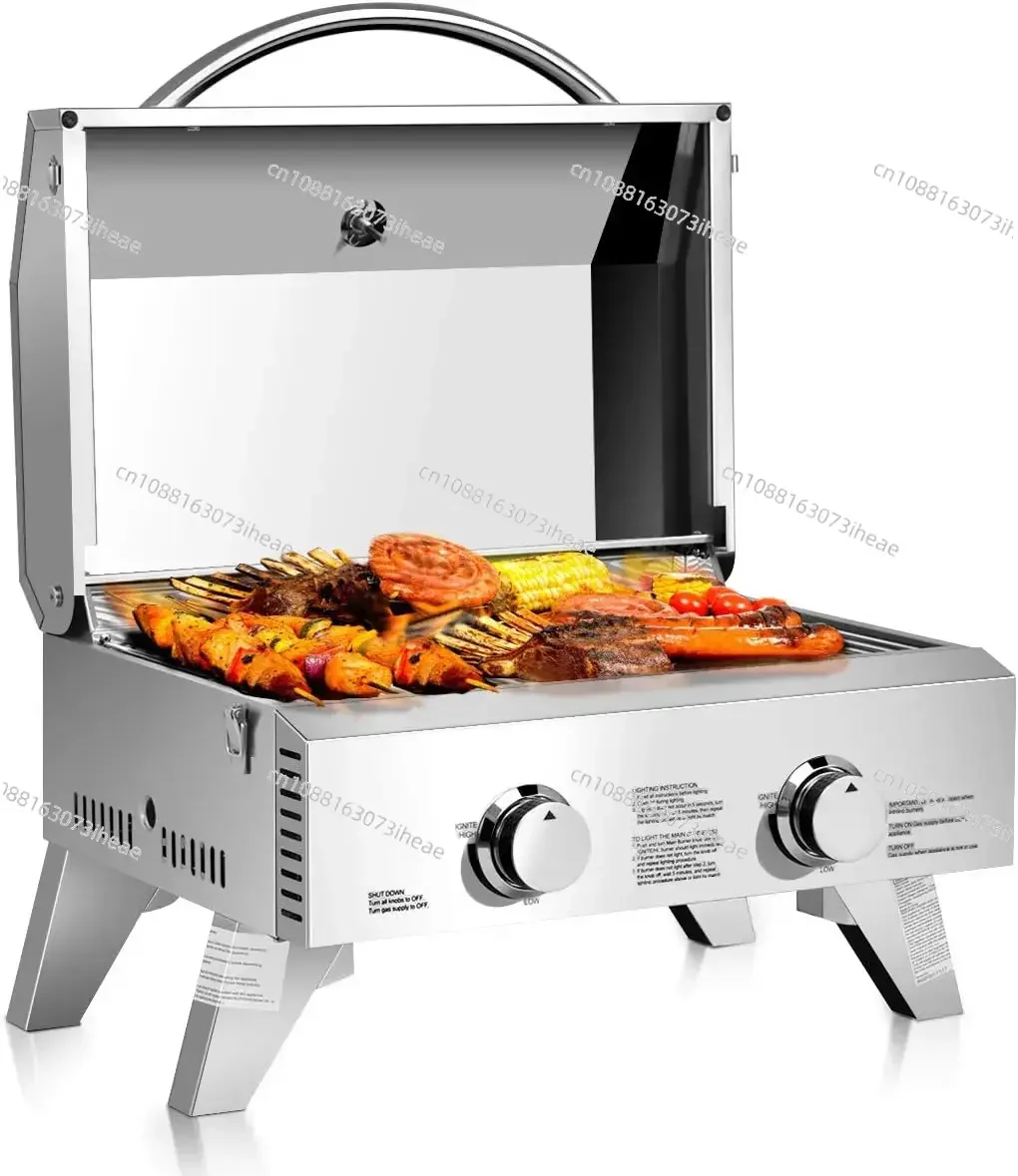 Propane Gas Grill 50,000 BTU, 4 Main Burners, 1 Side Burner, 2 Prep Tables, Stainless Steel Heavy-Duty BBQ Grill with 4