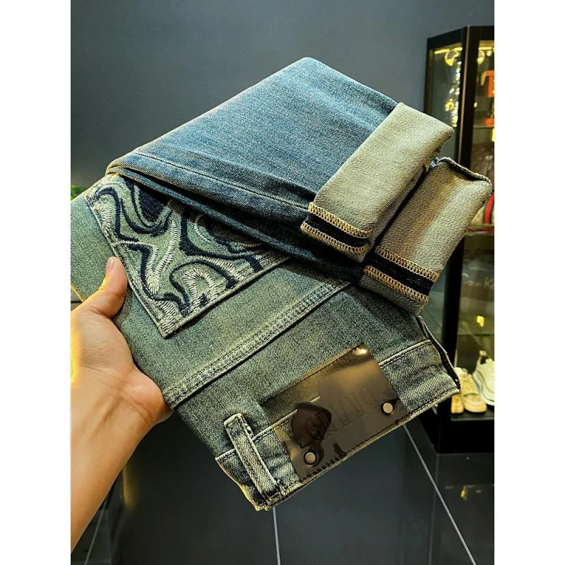 Celana Denim kasual pria, Jeans longgar nyaman regang lurus desain kelas atas Retro desain gradien musim gugur dan musim dingin