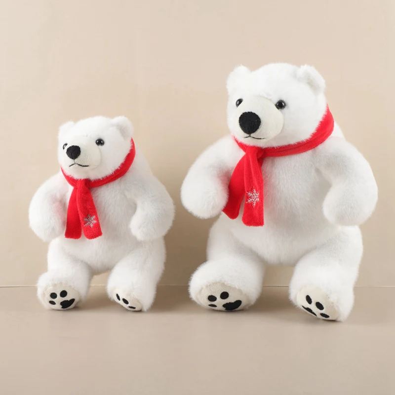 Big Feet Sitting Polar Bear Plush Toy Red Scarf Fluffy Stuffed Polar Bear Doll Soft Round Wild Animal Zoo Souvenir