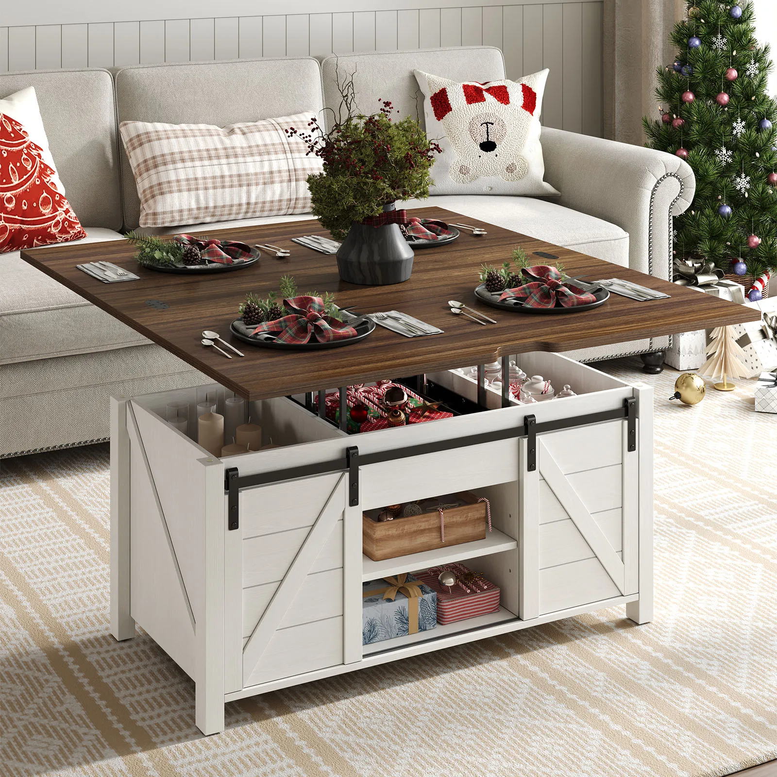 Farmhouse Lift Top Coffee Table with Sliding Barn Door,Rustic Center Table with Hidden Storage Compartment,Storage Coffee Table