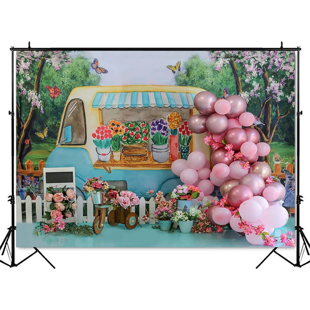 Romantic Decorations With Colorful Flowers Of Spring Background for Photography,Balloon Arch, Garden Vintage For Photo Studio