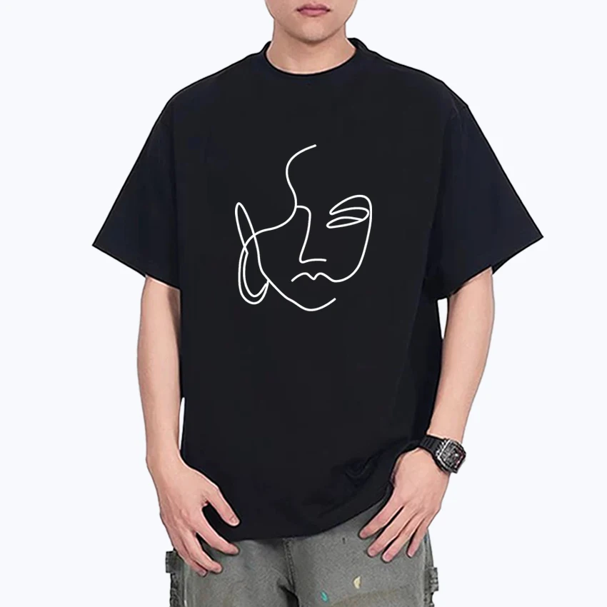 

Hot sale Abstract Simple Stroke Face Printed Oversized t-shirt Crew Neck Street Hip Hop Summer 100% Cotton Men Women Unisex tops