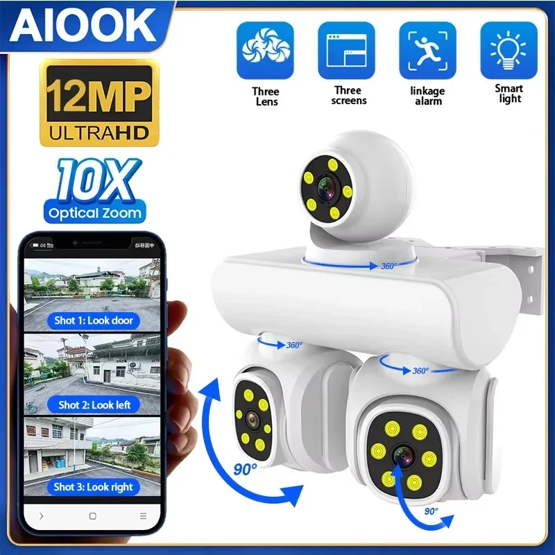 

AIOOK HD 12MP 4K 10X ZOOM WIFI Security Camera 3 Lens PTZ IP CCTV Outdoor Waterproof Two Way Intercom Motion Track Smart Camera