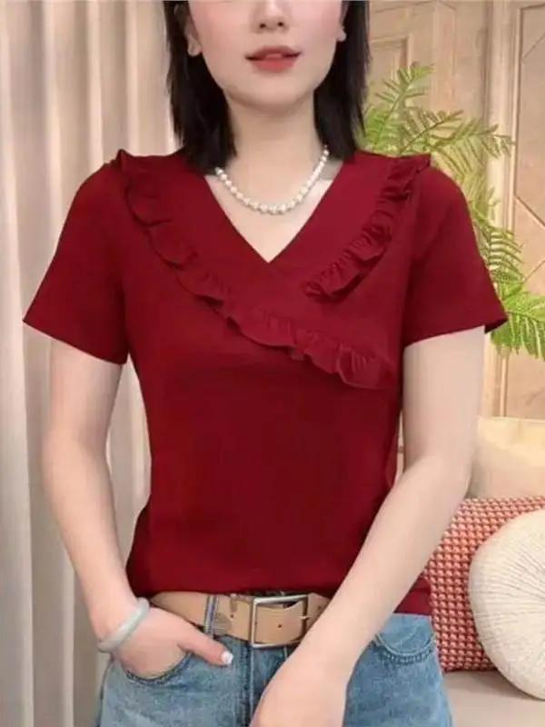 Camiseta Casual de Verano con Cuello en V y Manga Corta para Mujer, Top de Algodón y Lycra con Borde de Volantes, Camisa Vers...