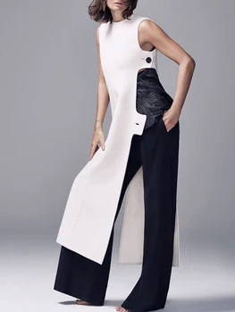 שמלת קיץ פשוטה עם צווארון עגול, ללא שרוולים, עם כפתורים וחתיכה, מודרנית ומסוגננת, צמודה, עם כפתור יחיד, מתאימה לרחוב הגבוה