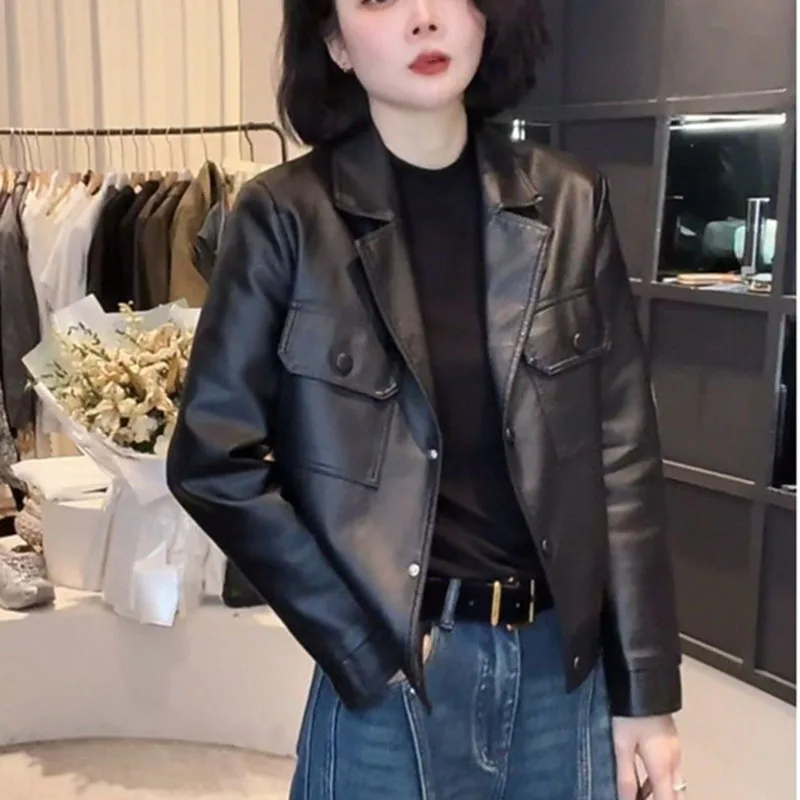 Women's Fashion Motorcycle Leather Jacket New 2025 Spring Autumn Leather Suit Coat  Short Casual Coat Female Outerwear Top