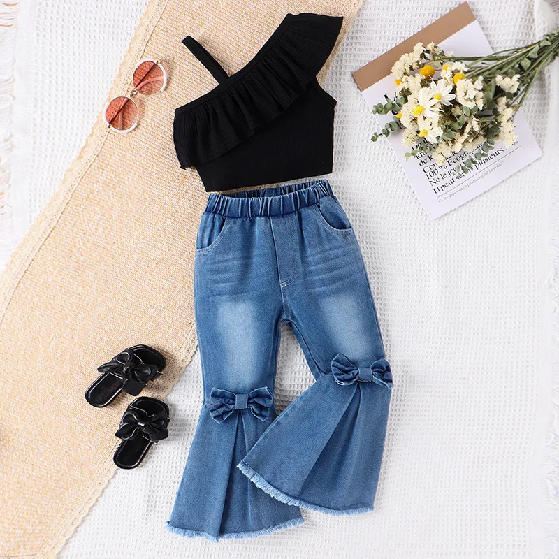 Summer Children Cute Fashion Flare Pants Girls Lace Fashion Short Sleeve Breathable Comfortable Two-piece Set