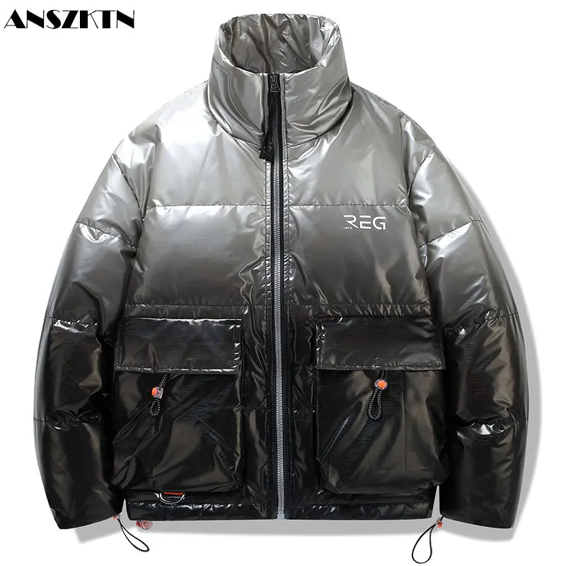 ANSZKTN Men new thickened gradient color warm winter trend shiny surface hooded down coat men\'s PU down jacket