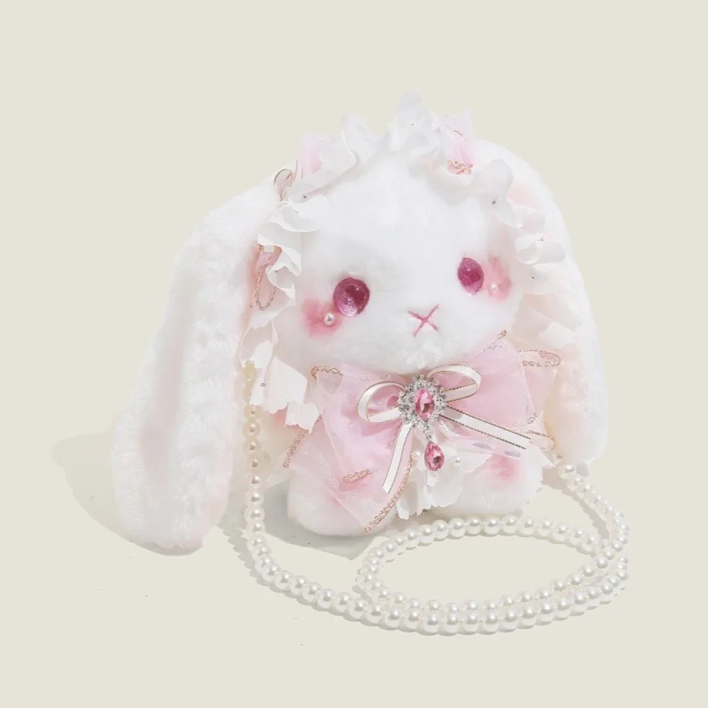 Sweet Soft Bunny Bag with Pearl Chain Long-ear Rabbit Crossbody Shoulder Bag Princess Lolita Bag for Girls