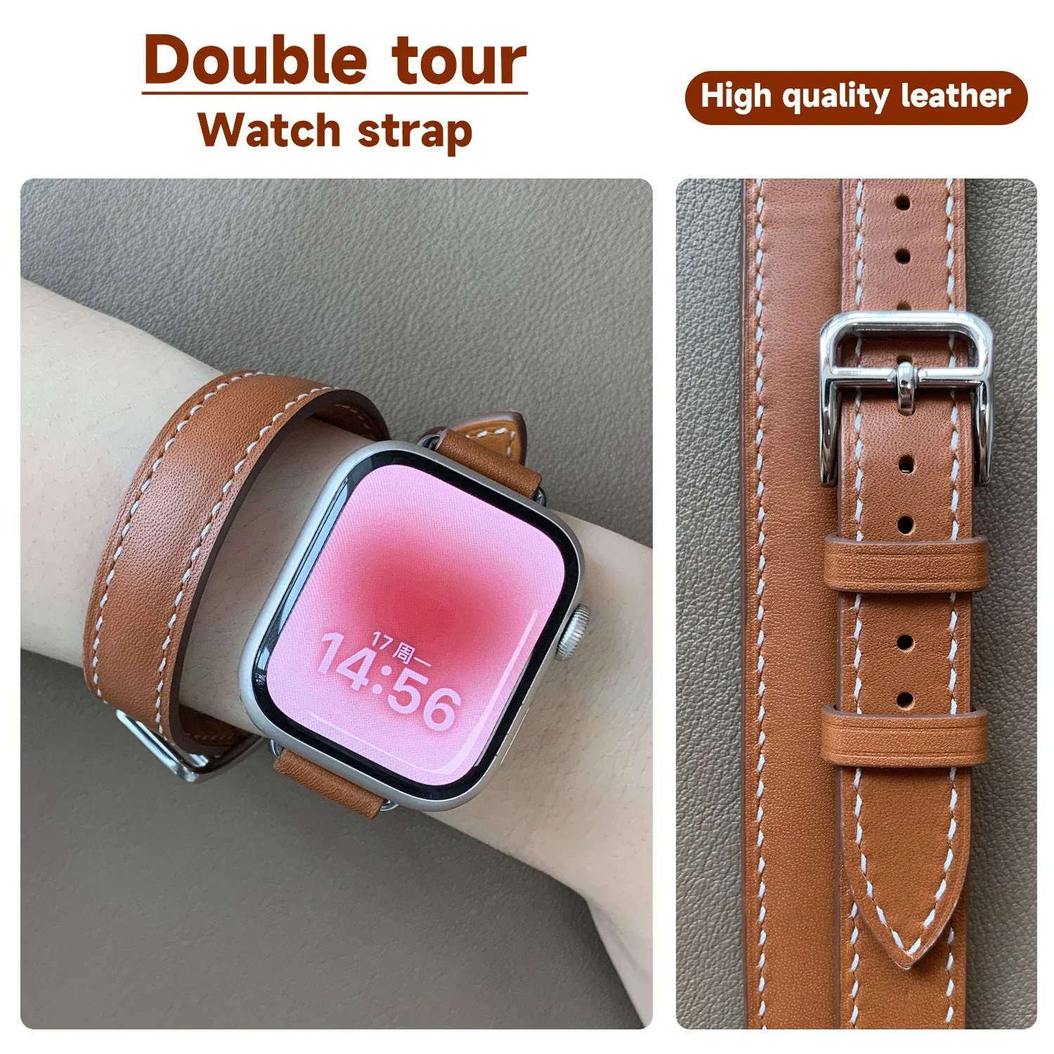 

【Promotion】2024 New Double Tour Cow Leather Band For Apple Watch Ultra 2 Series 10 9 8 7 6 Se 5 4 Iwatch Strap41mm45mm46mm49mm