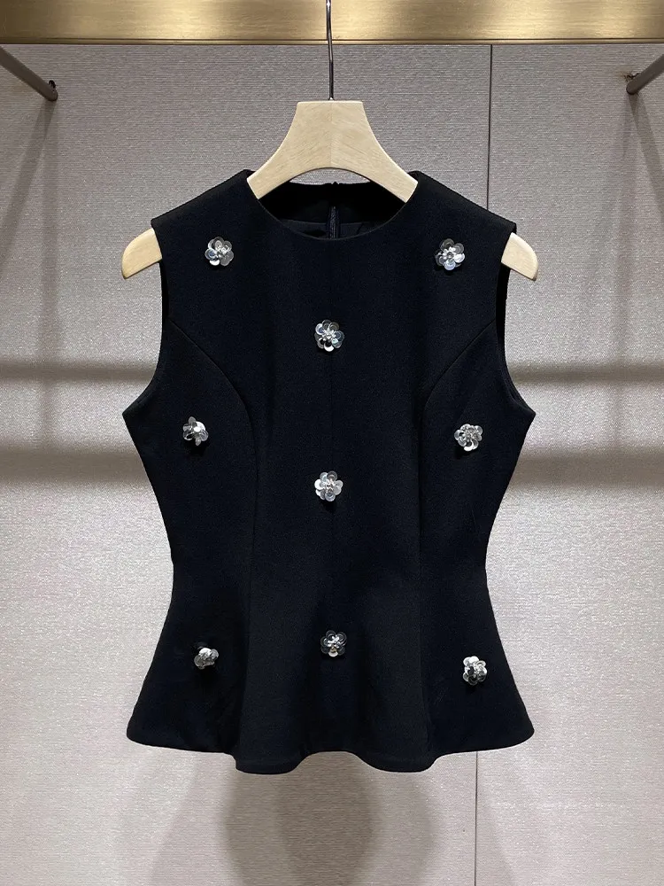 Celebrity sleeveless black sequined vest waist skirt two-piece set