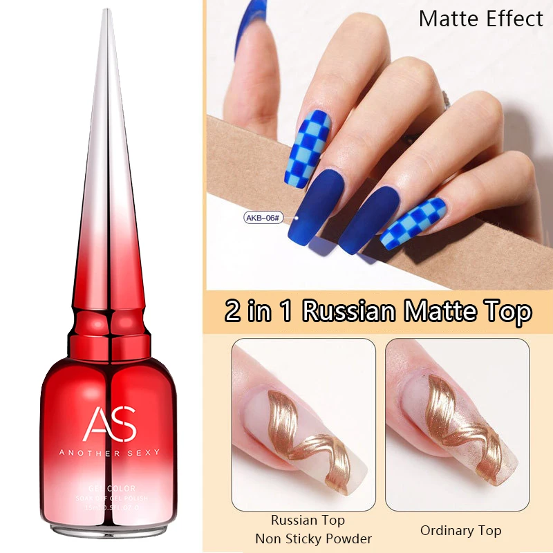 AS GEL Russian Matte Top Coat UV Gel Nagellack 15ML Frosted Non Stick Powder Mat Top Coat No Wipe Semi Permanent Seal Gels