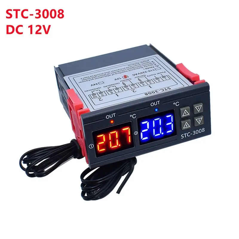 AEE6-Dual Digital STC-3008 Temperature Controller Two Relay Output Thermostat Heater With Probe Temperature Controller