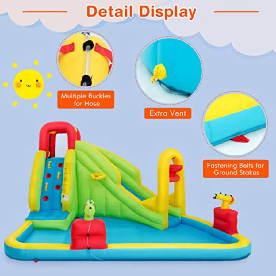 Inflatable Bounce House w/Slide, Climb Wall, Splash Pool, Water Cannon, Basketball Rim, Large Water Slide Park for Summer Indoor