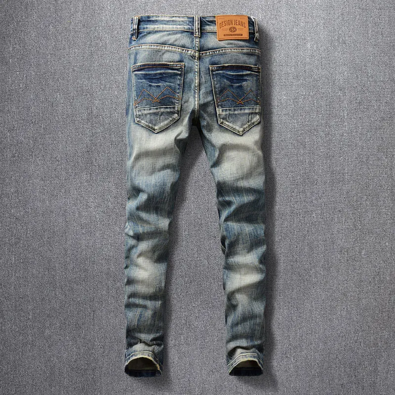 Fashion Designer Men Jeans High Quality Retro Washed Blue Stretch Slim Fit Frayed Ripped Jeans Men Vintage Denim Pants Hombre