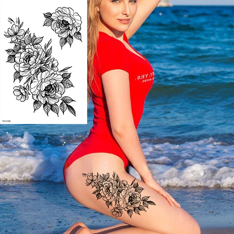 Tatuajes Temporales impermeables de flores sexys para mujer, tatuaje de rosa para brazo, línea negra, 3D arte corporal, muñeca, tobillo, pierna,