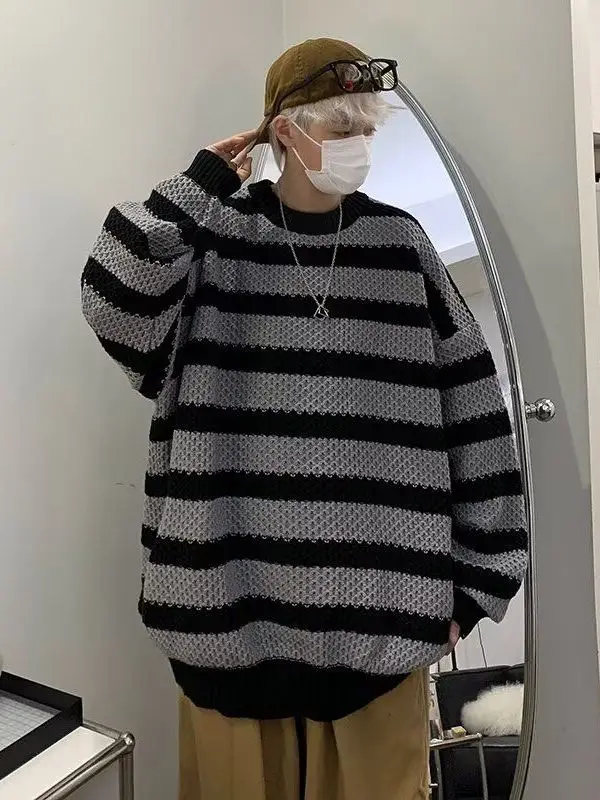 

Men's Autumn Winter Loose Fit Color Blo Knitwear Casual Stripe Pattern round Ne Long Sve Sweater Trendy Street Sle