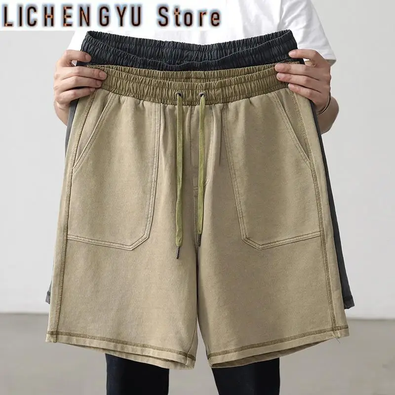 Summer New Japanese Retro Heavyweight Knitted Shorts Men's Straight Washed Pure Cotton Drawstring Loose Sports Five-point Pants