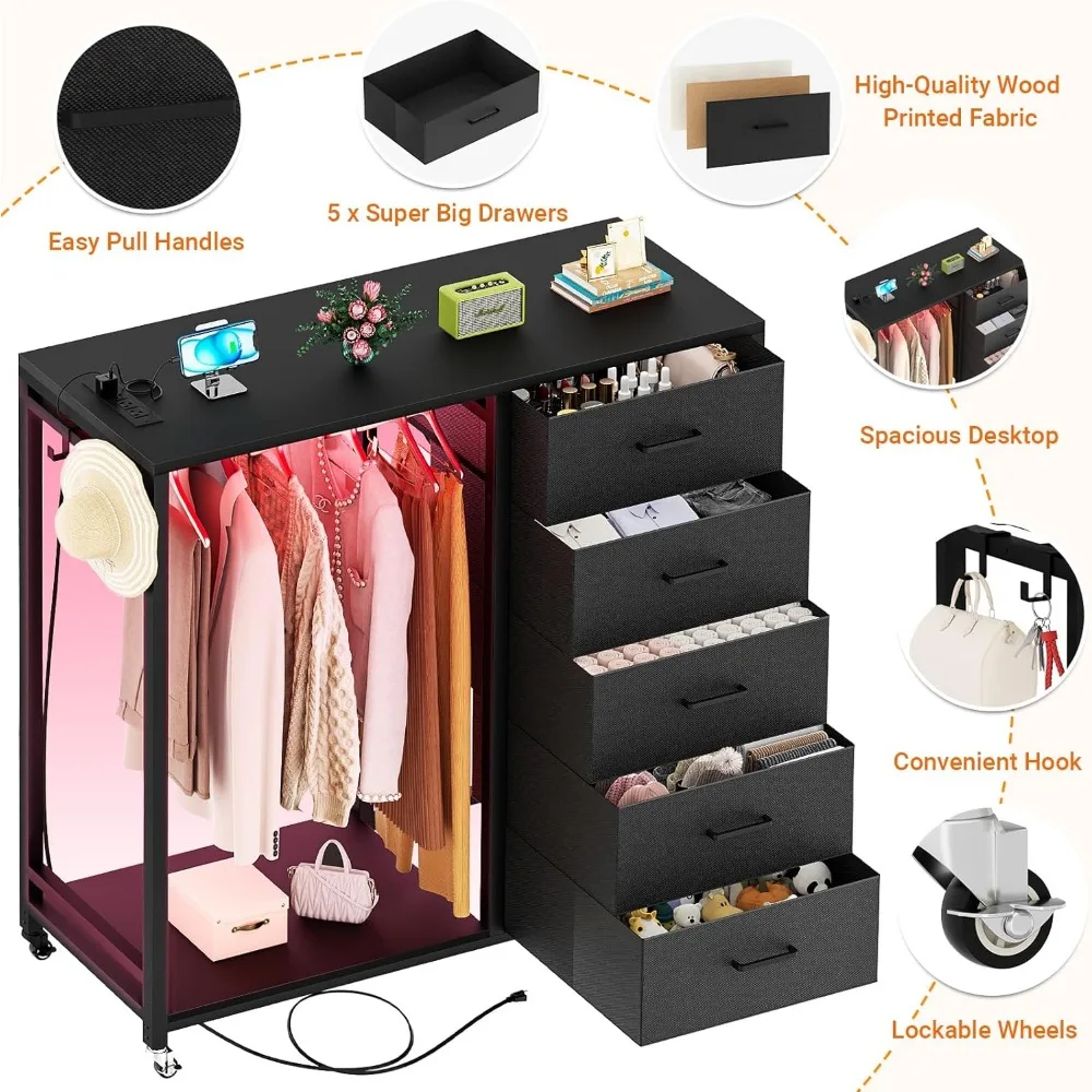 خزانة ذات 5 أدراج مع محطة شحن، وأضواء LED، وأدراج قماشية، وعجلات قابلة للقفل لتخزين غرفة النوم #3