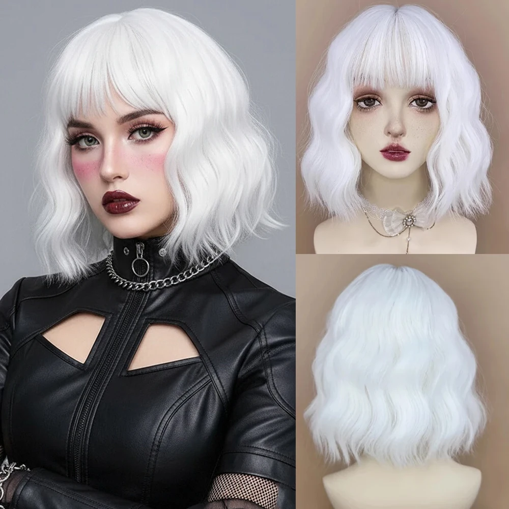 

Synthetic Short Curly White Bob Wig with Bangs for Women Daily Cosplay Lolita Party Fake Hair Heat Resistant