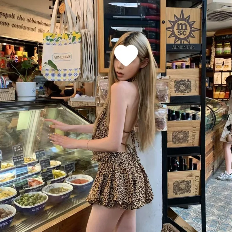 

Summer Leopard Print Backless Halter Dress Fashion Hot Girl A Line Tulip Skirt Slim Fit Vacation Mini Dress