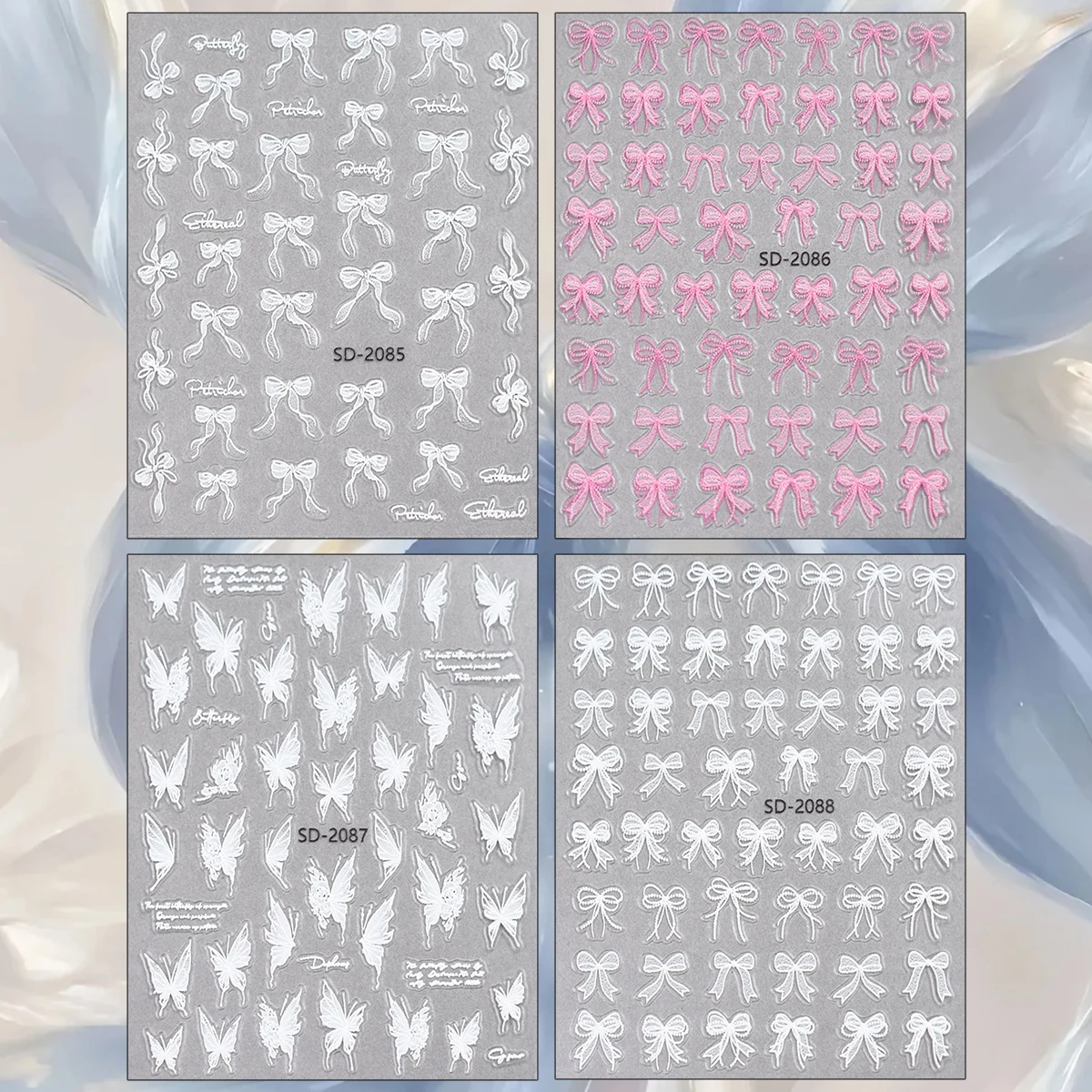 2 to 12 Sheets 5D Embossed Coquette Bow Butterfly Embroidery Ribbon White Pink Balletcore Self-Adhesive Nail Art Stickers