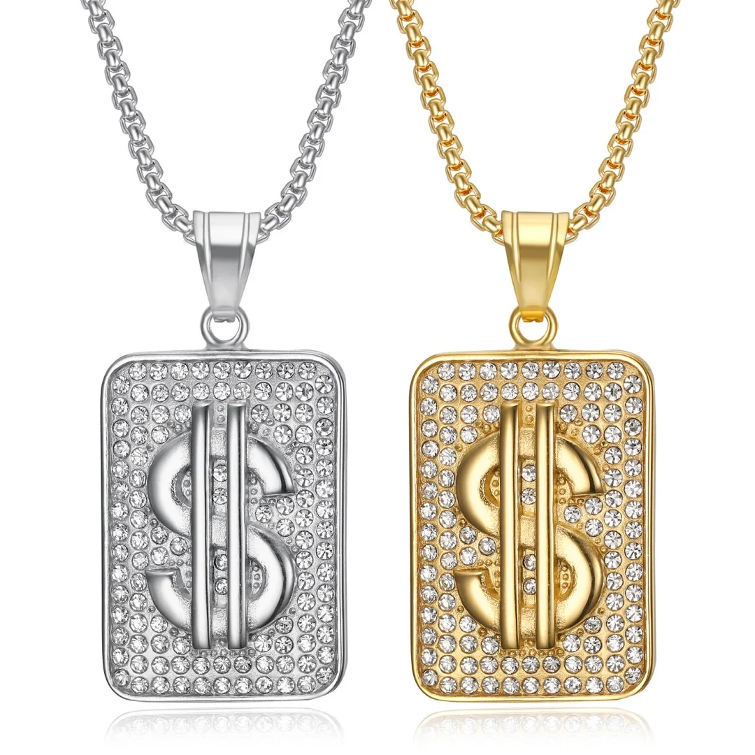

Punk Iced Out Bling Money Dollar Signs Pendant Gold Silver Color Stainless Steel Zirconia Square Necklace for Woman Man Jewelry
