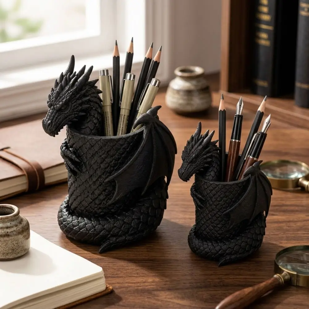 3D Printed Dragon Pen Holder Statue Realistic Fantasy Dragon Makeup Brush Box Gothic Black Dark Style Desk Organizer