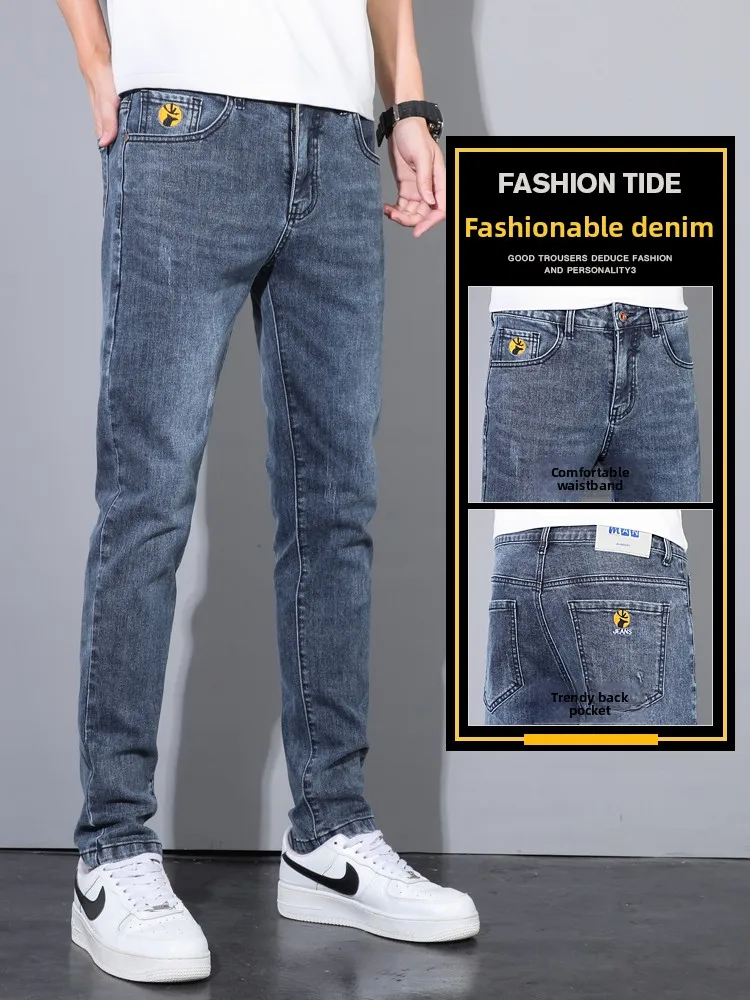 

Мужские джинсы прямого кроя Slim Fit с эластичными манжетами, повседневные, из смесового хлопка и полиэстера, осенне-весенние, модные, молодежные, для отдыха