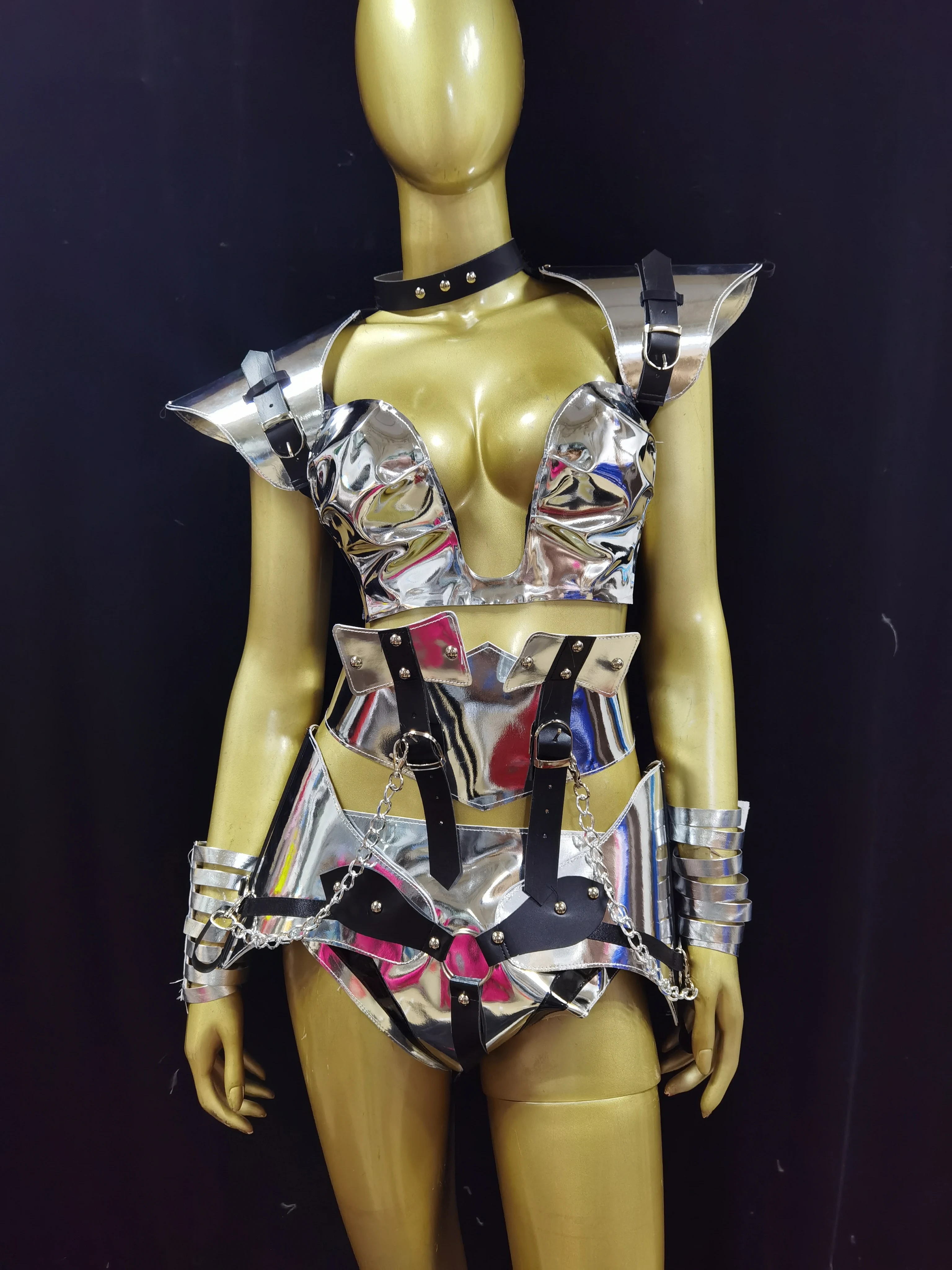 Silver Gold Glossy PU Leather Armor Nightclub Bar Club Singer Stage Performances Costume Personalized Dance Festival Rave Outfit