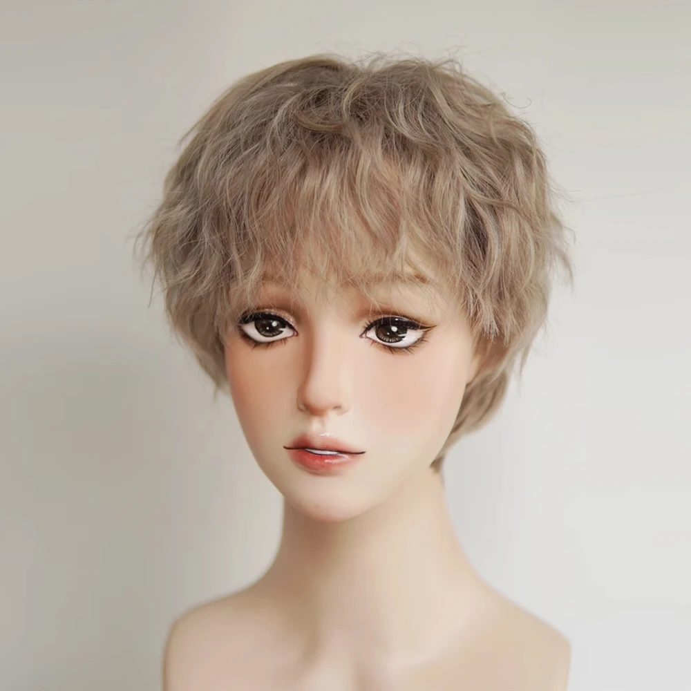 VICWIG Anime Brown Synthetic Men and Women Cosplay Wig with Bangs Short Wavy Natural Fluffy Hair Wig for Daily Party