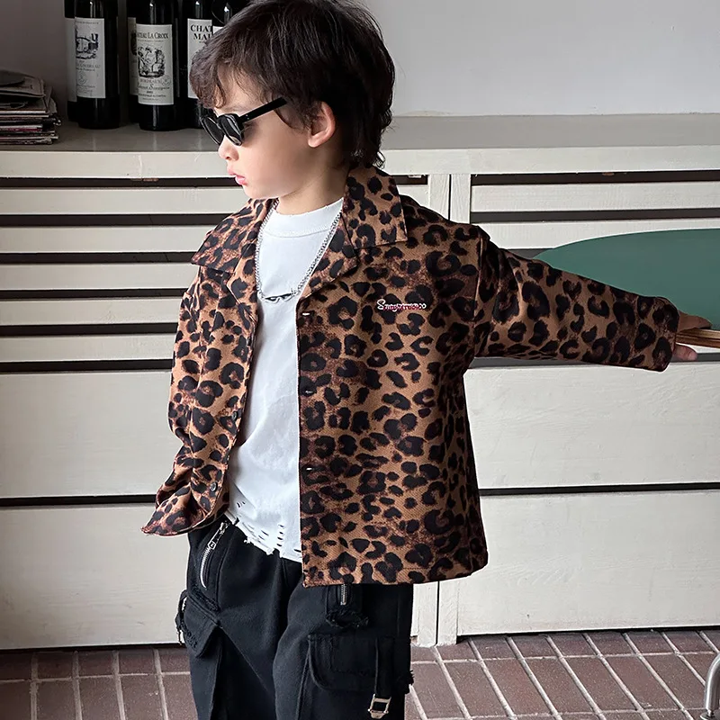 

2025 New Boys' European and American Style Tops Handsome Leopard Print Shirt Jackets with Long Sleeves