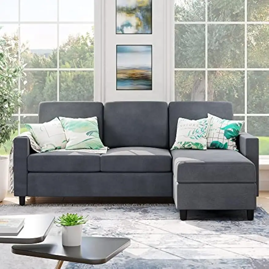 

Modern Linen Fabric L-Shaped Couch 3-Seat Sofa Sectional with Reversible Chaise for Small Living Room