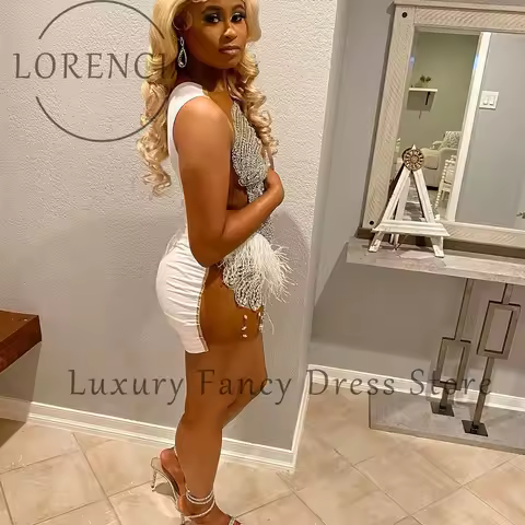 Sparkly Diamond Mini Prom Dresses 2025 Feather Rhinestone Evening Party Gowns Cocktail Dress Customized vestidos largos fiesta