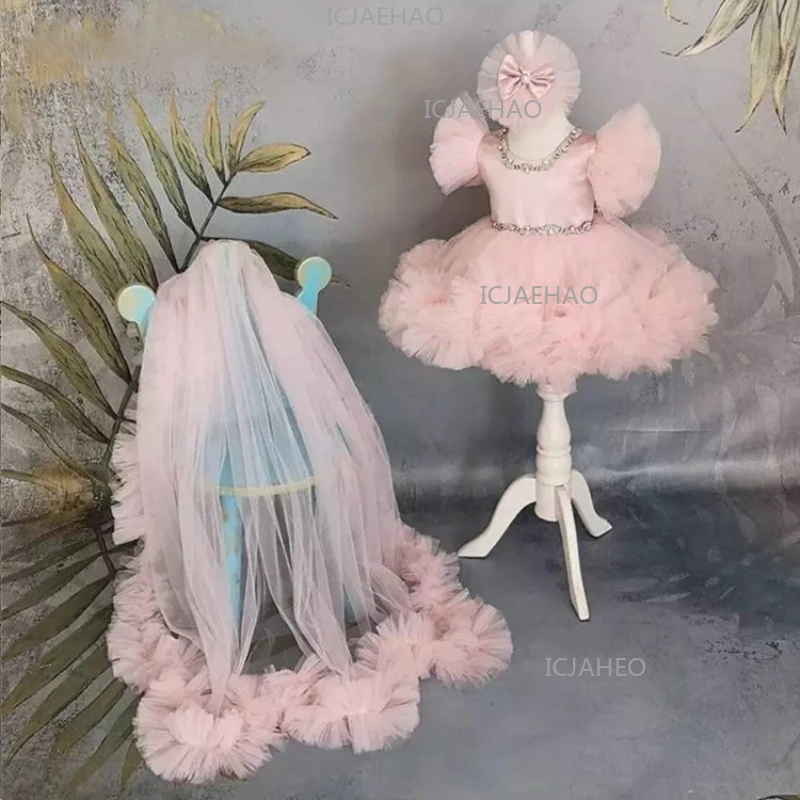 2026 3 Piece Set Children Girls Sweep Pink Kids Tulle Formal Dress Train Lace Baby Flower Girl Wedding Tutu Short Gown Costume