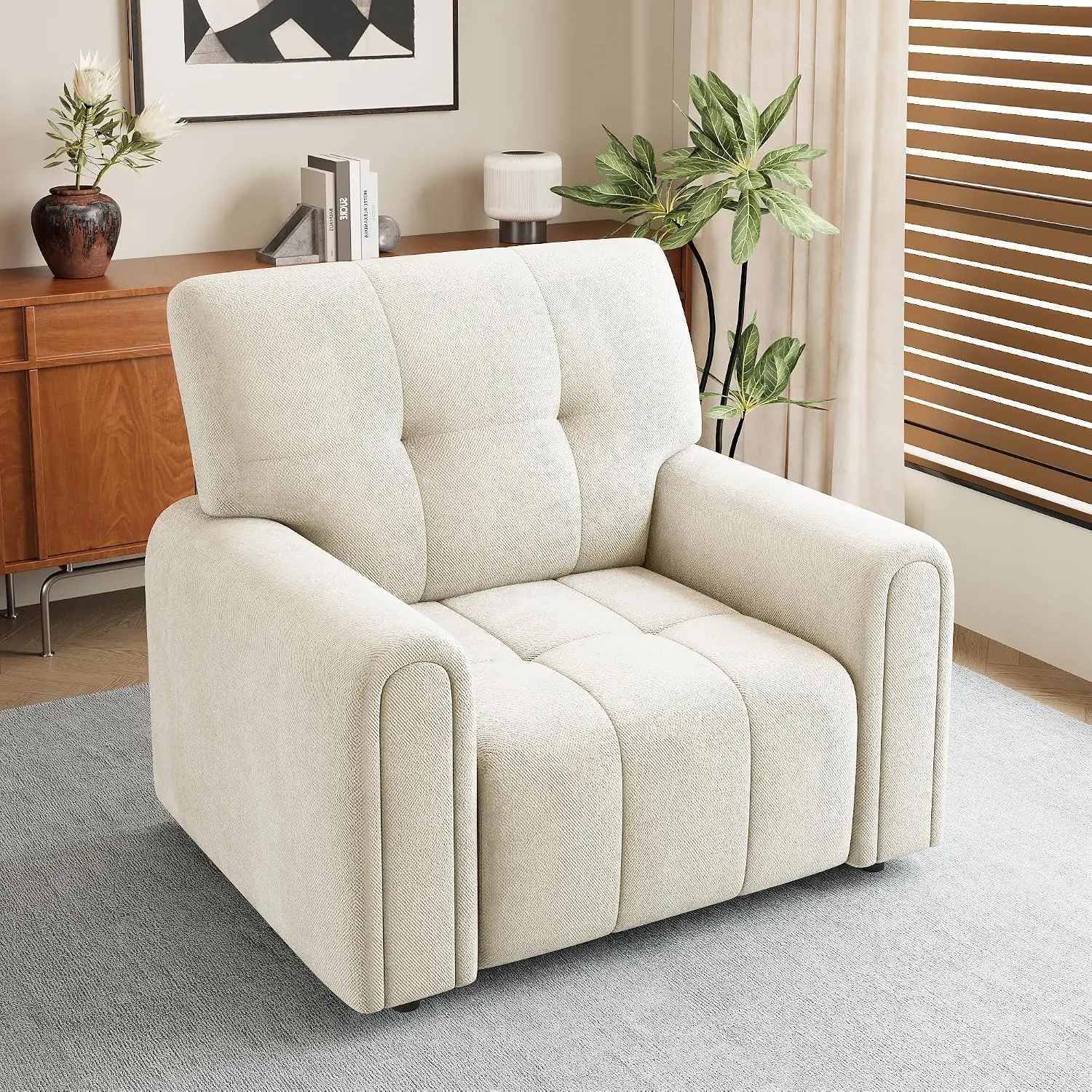 Mid-Century Oversized Accent Chair,Upholstered Wide Comfy Reading Chair for Adults,Single Armchair for Living Room,Ivory, Custom