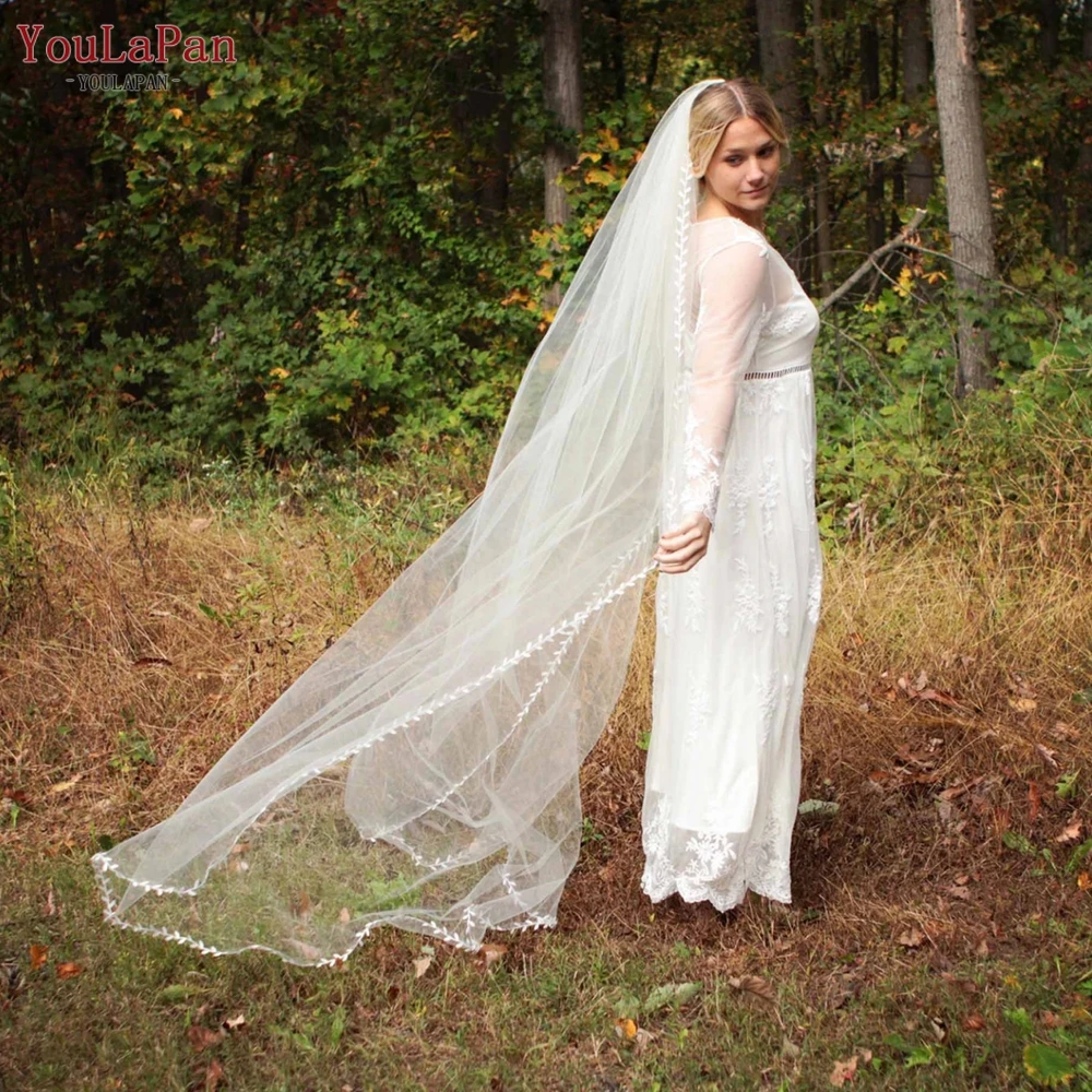 YouLaPan V129A Elegante Hochzeit Schleier 1 Tier Braut Schleier mit Spitze Grenze Trim Weiche Tulle Schleier Weiß Kathedrale Hochzeit Zubehör