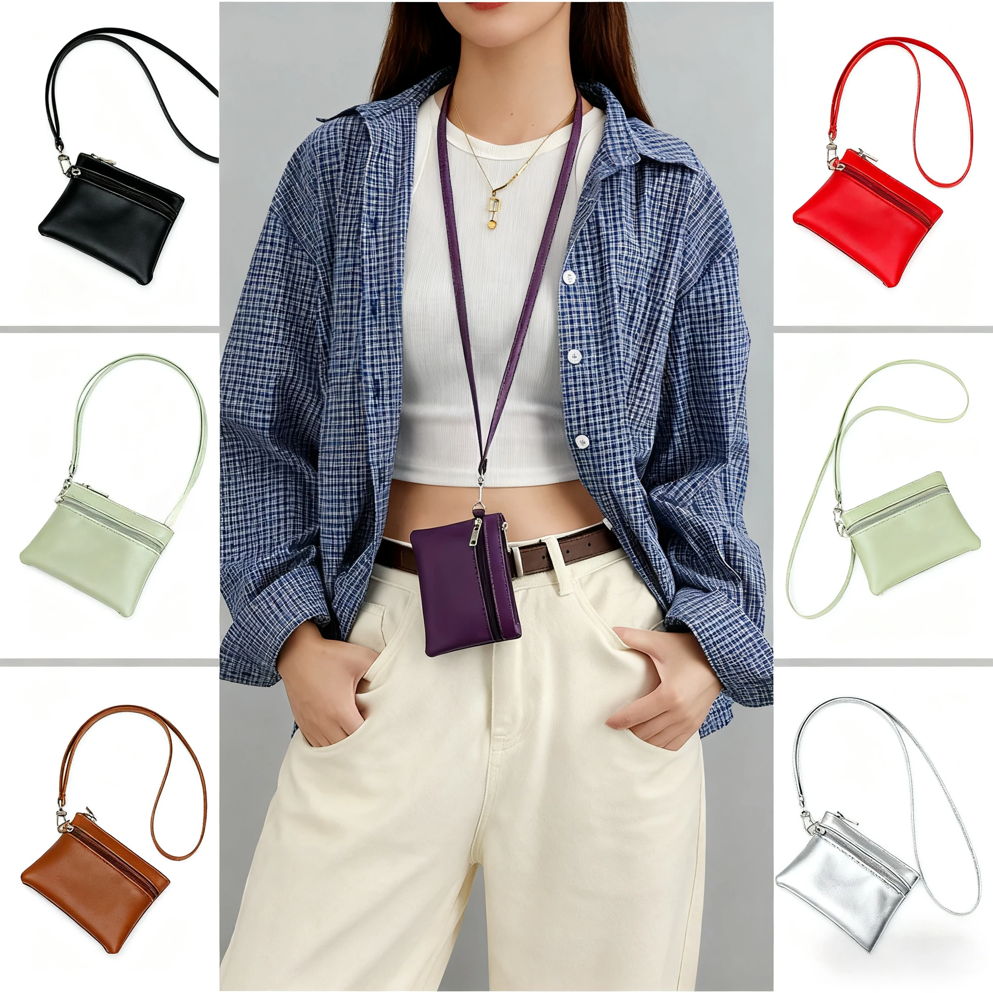 Women's PU Leather Neck Wallet, Dual Zip Around Card Holder Coin Purse Organizer