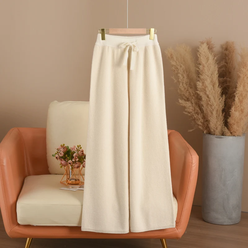 Autumn and winter new 100% pure Australian wool women's shiny silk wide leg pants with a hanging straight leg support pants