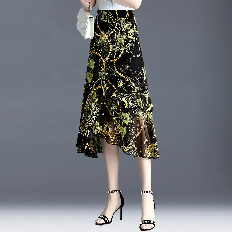 

2023 New Summer Fashion Printing Chiffon High Waist Skirt Women Clothing Elegant Ruffles Floral Dress Women Clothing Zipper Midi