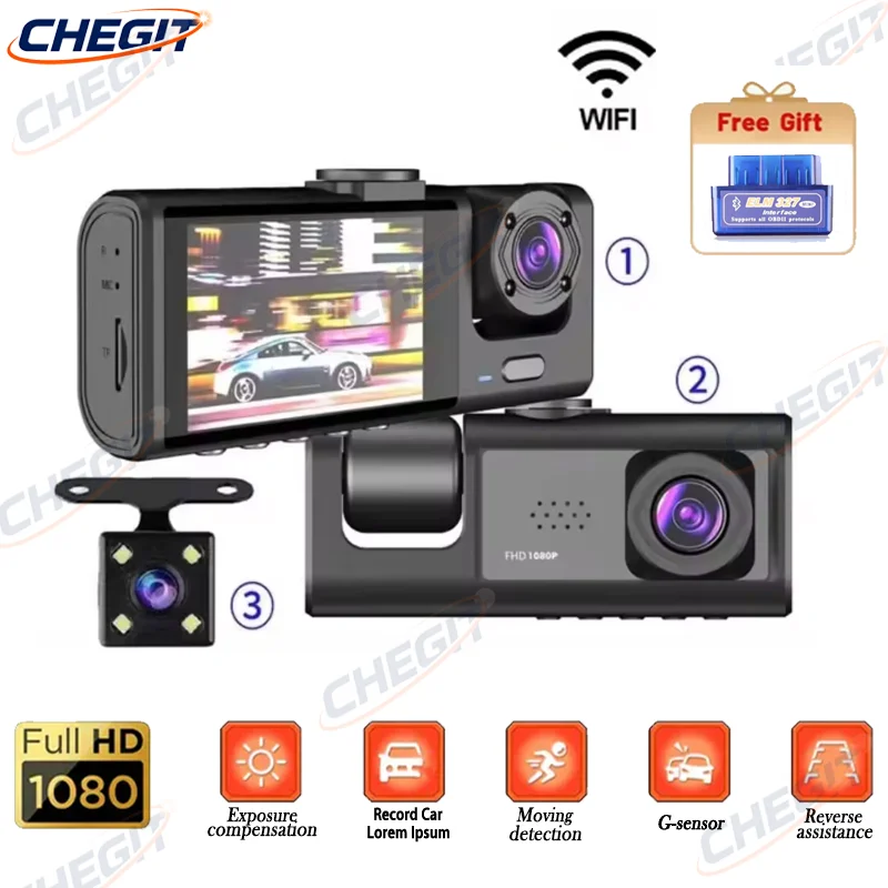 

3 камеры, Wi-Fi, видеорегистратор, 2 камеры, автомобильная камера, 1080P, видеорегистратор, автомобильный видеорегистратор, передняя камера заднего вида, ночное видение, черный ящик, автомобильные аксессуары