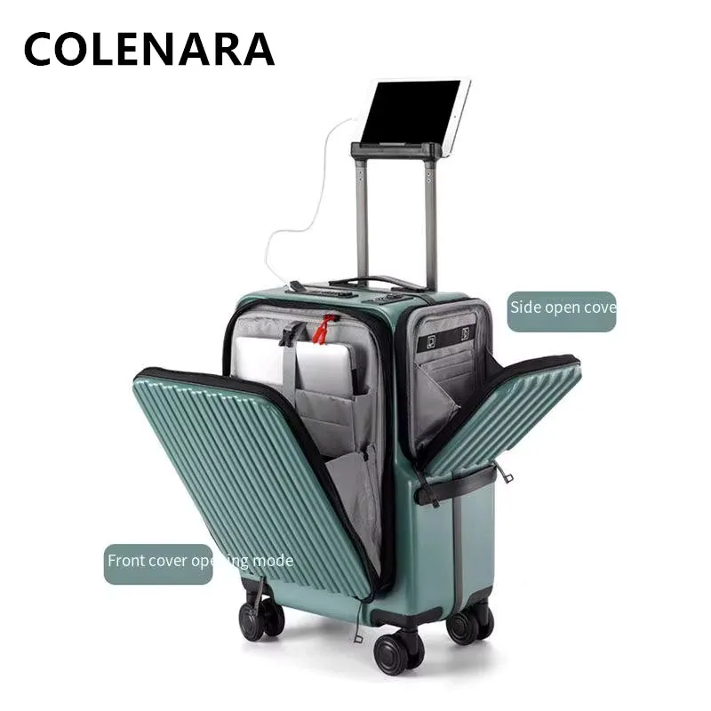 COLENARA Carry-on Travel Luggage Front Opening Laptop Boarding Case USB Charging Trolley Case 20 Inch Women\'s Cabin Suitcase