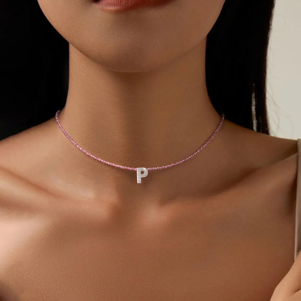 Pink Zircon 26 Initial Letter Shell Necklaces For Women White Mother Of Pearl Shell Charm Crystal Beaded Clavicle Chain Jewelry