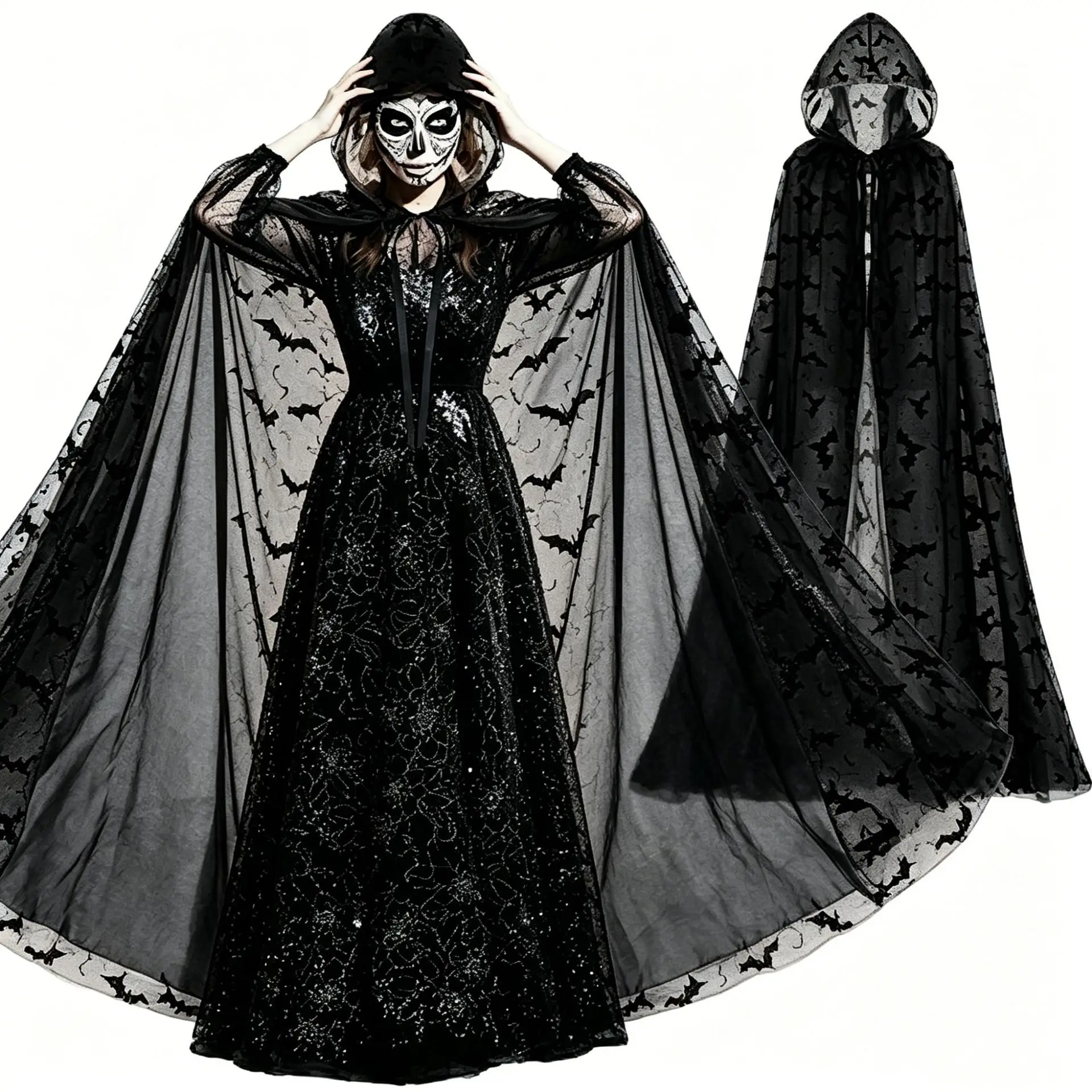Lila Fledermaus-Langmantel mit Kapuze für Erwachsene, Unisex, Hexen-Cosplay, Tüllumhang für Halloween-Party, Fotografie, Halloween-Dekorationen – Detail 10