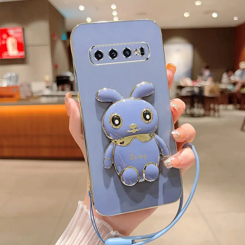 Phone Case For Samsung Galaxy S10 Luxury Plating Square Rabbit Holder With Landyard Phone Case Cover