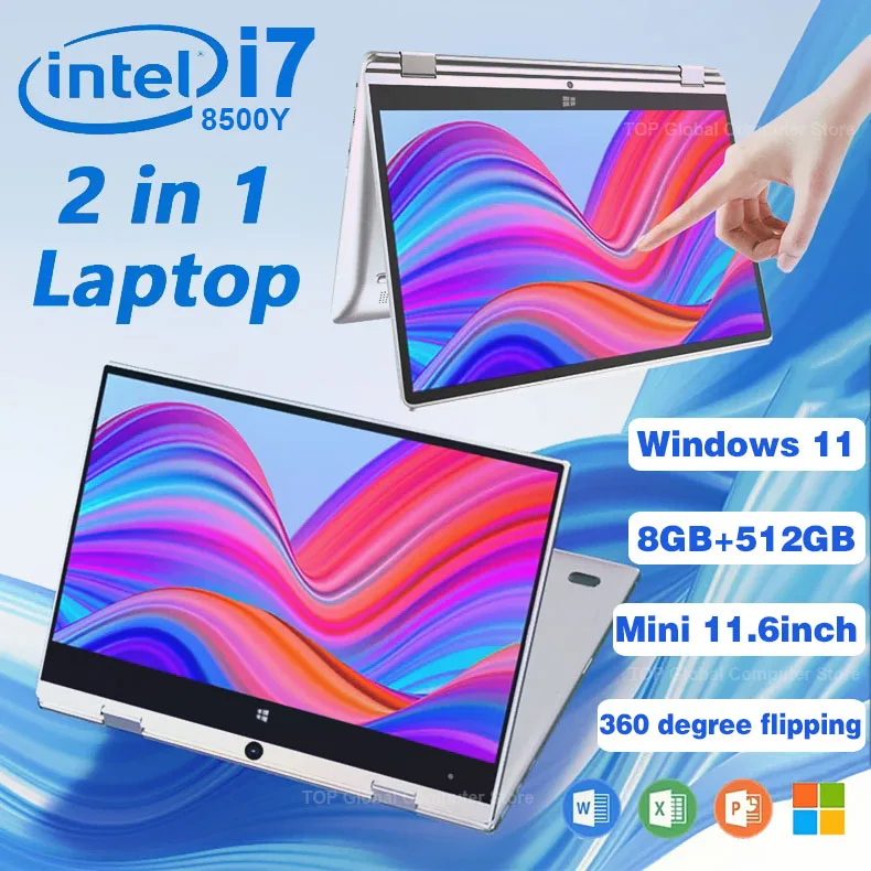 Portátil 2 en 1 Intel Core i7-8500Y con Windows 11, 8GB de RAM, 1TB/2TB SSD, Pantalla Táctil de 11.6 Pulgadas, Notebook 360 °   Computadora Portátil para Oficina