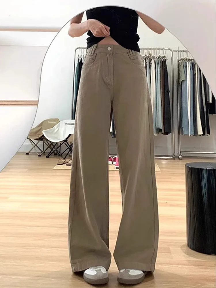 Damskie szerokie jeansy khaki z wysokim stanem, luźne, proste spodnie do ziemi, jesienne, nowe, plus size, wyszczuplające, uniwersalne, codzienne.